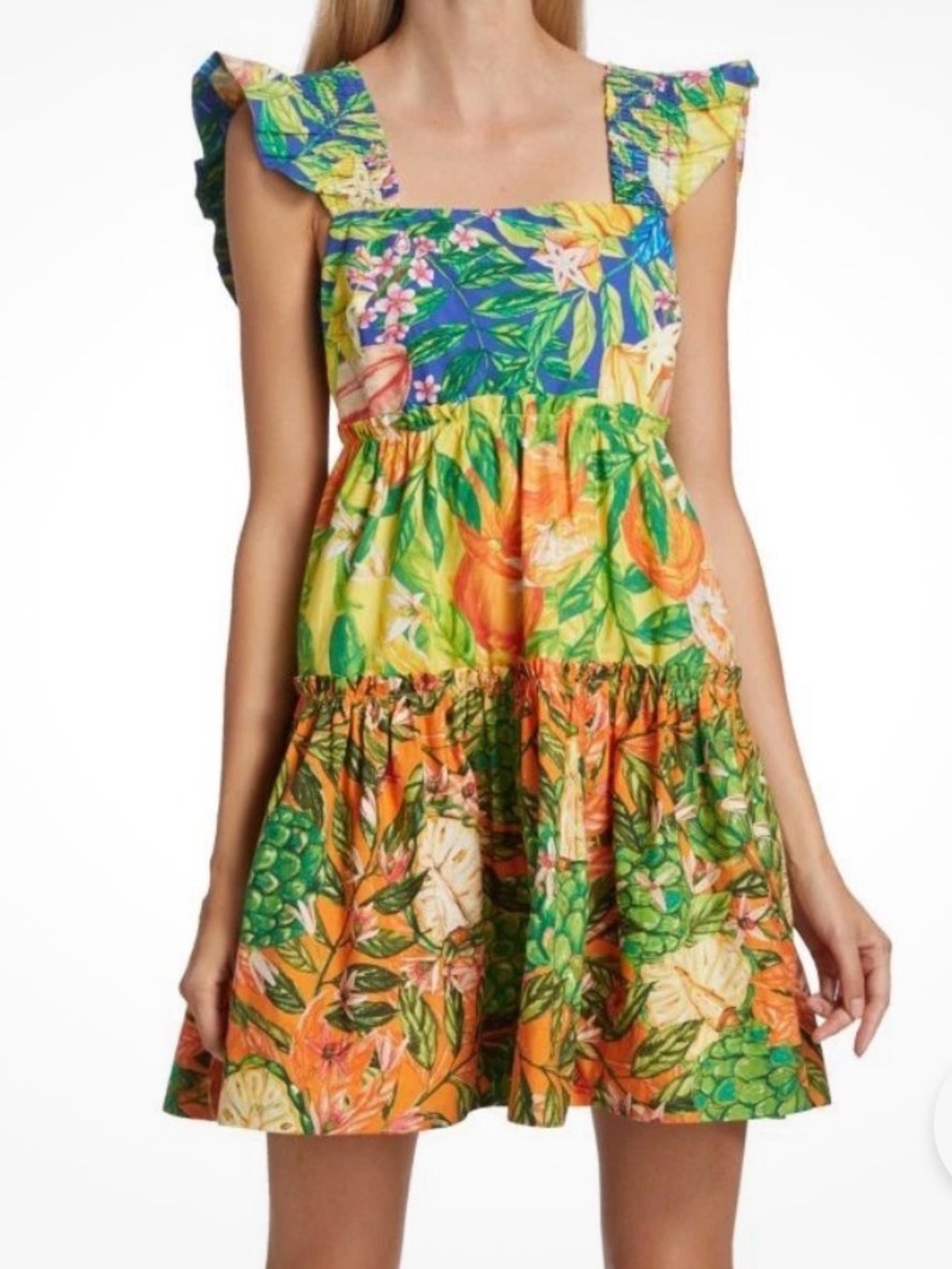 FARM RIO Med Caipirinha Tiered Printed Ruffle Sleeve Tropical Cotton Mini Dress